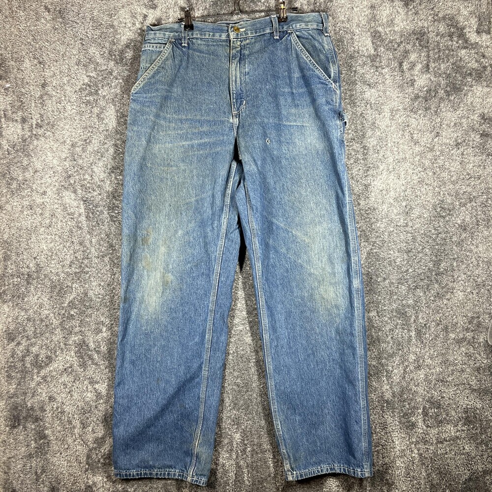 Carhartt Jeans Mens 36x31 Blue Relaxed Fit Straight Denim Distressed Workwear